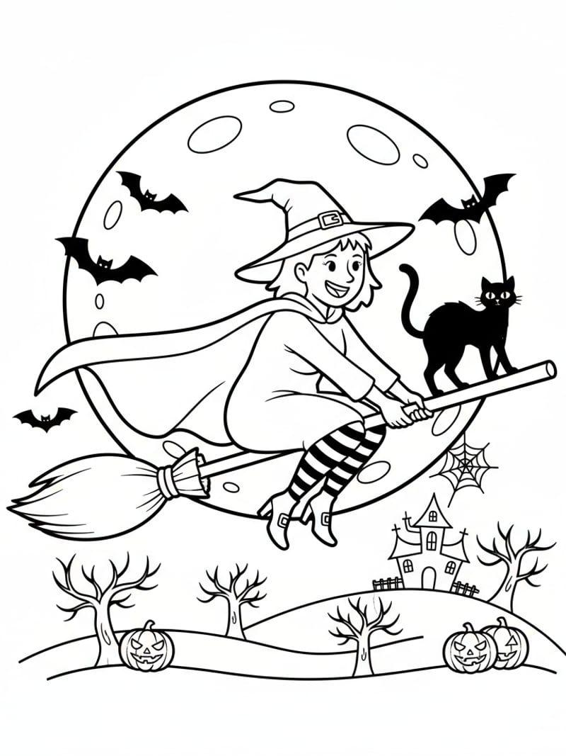 Witch flying on broomstick under full moon with black cat and bats Halloween coloring page