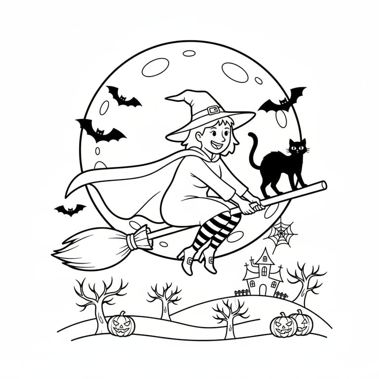 Witch flying on broomstick under full moon with black cat and bats Halloween coloring page