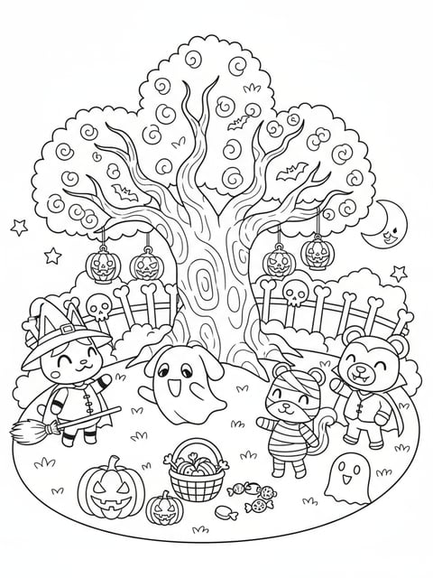 Animal Crossing villagers in Halloween costumes around spooky tree coloring page