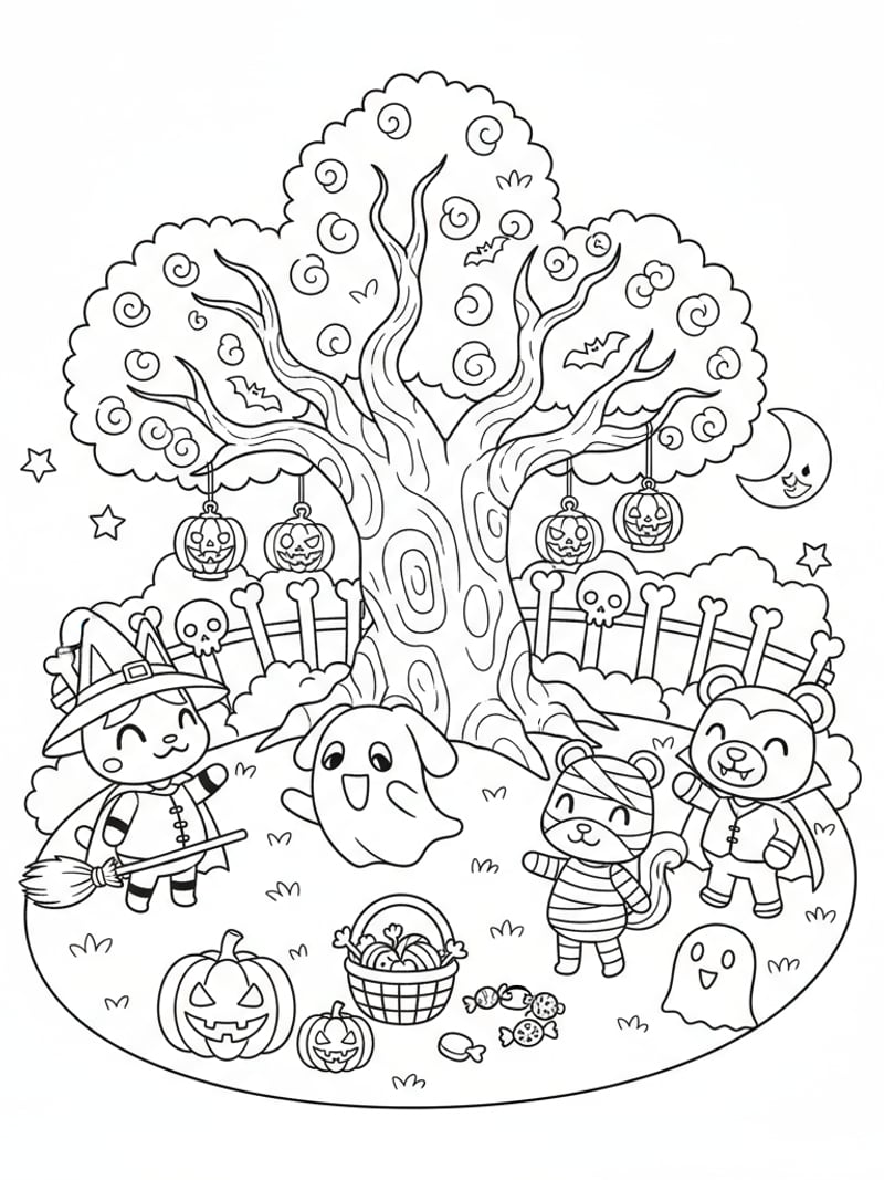 Animal Crossing villagers in Halloween costumes around spooky tree coloring page