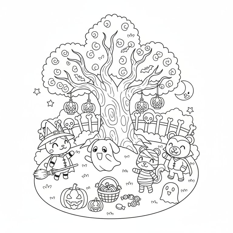 Animal Crossing villagers in Halloween costumes around spooky tree coloring page