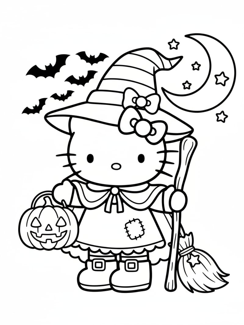 Hello Kitty dressed as witch holding Halloween pumpkin coloring page