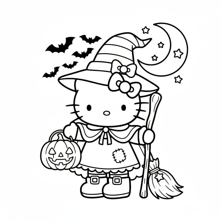 Hello Kitty dressed as witch holding Halloween pumpkin coloring page