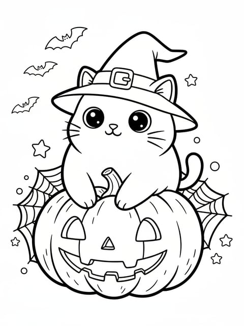 Kawaii-style Halloween cat wearing witch hat sitting on pumpkin coloring page