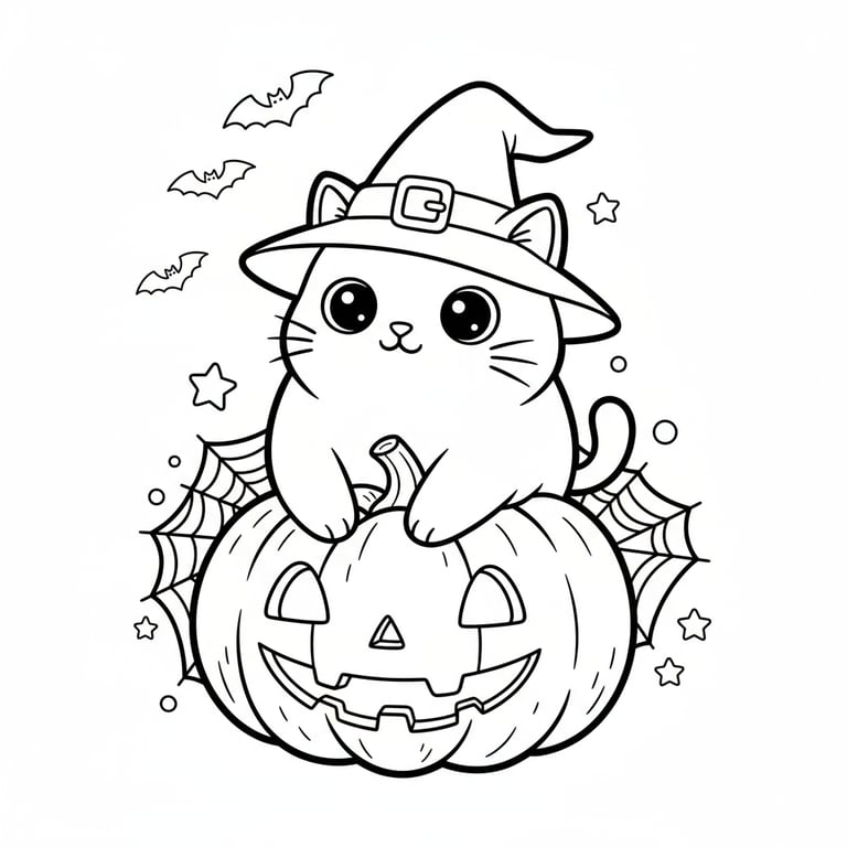 Kawaii-style Halloween cat wearing witch hat sitting on pumpkin coloring page