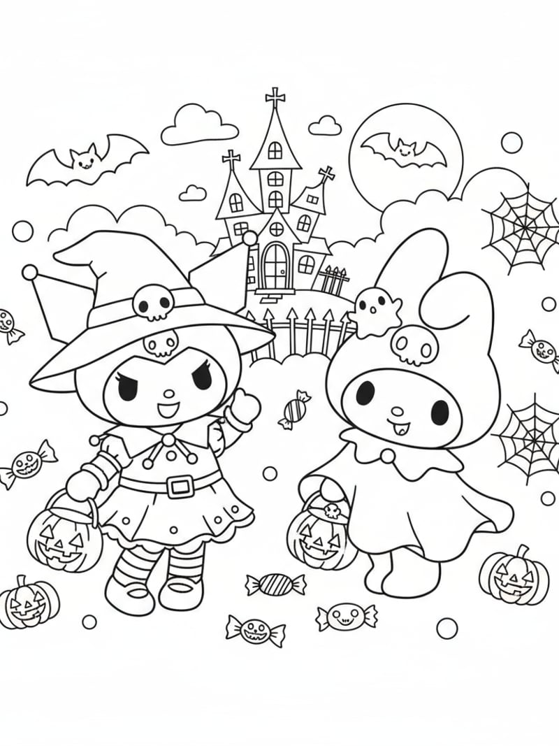 Kuromi and My Melody in Halloween outfits holding trick-or-treat bags Sanrio coloring page
