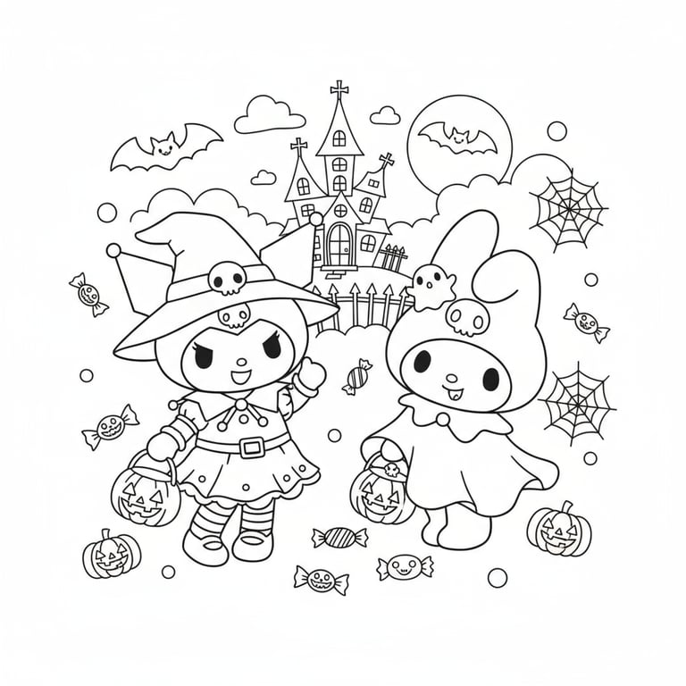 Kuromi and My Melody in Halloween outfits holding trick-or-treat bags Sanrio coloring page