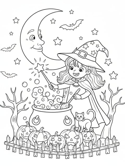Magical Halloween scene with girl witch, bubbling cauldron, and smiling moon coloring page