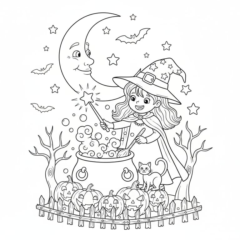 Magical Halloween scene with girl witch, bubbling cauldron, and smiling moon coloring page