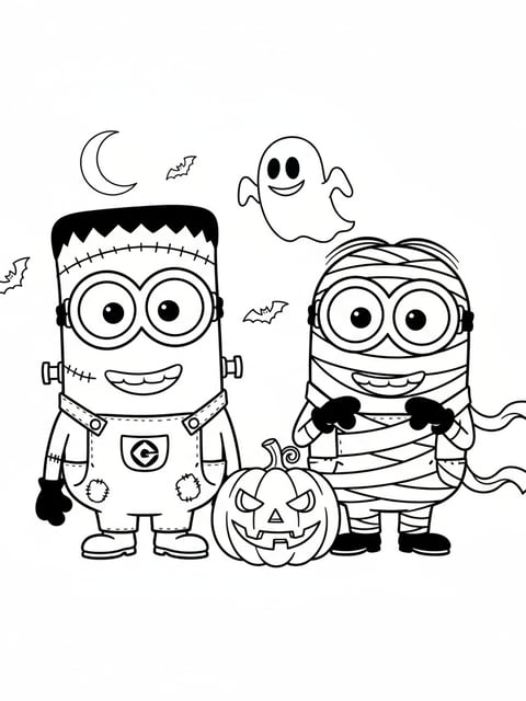 Minions in Frankenstein and mummy Halloween costumes funny coloring page