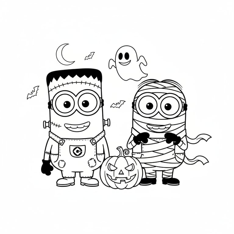 Minions in Frankenstein and mummy Halloween costumes funny coloring page