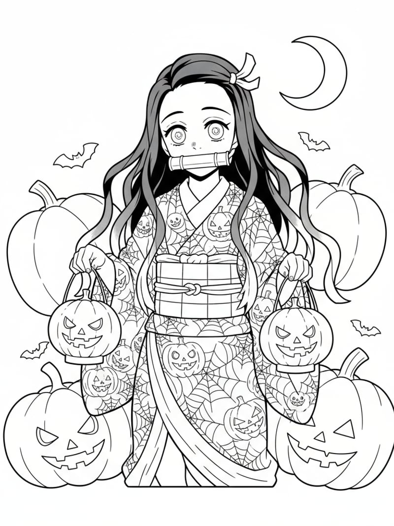 Nezuko from Demon Slayer in Halloween kimono with pumpkin lanterns anime coloring page