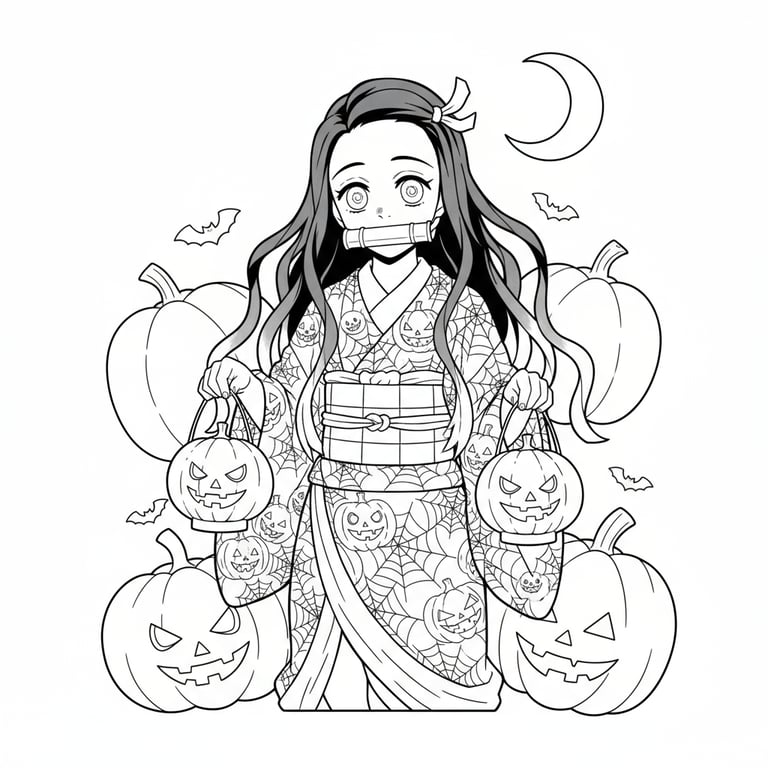 Nezuko from Demon Slayer in Halloween kimono with pumpkin lanterns anime coloring page