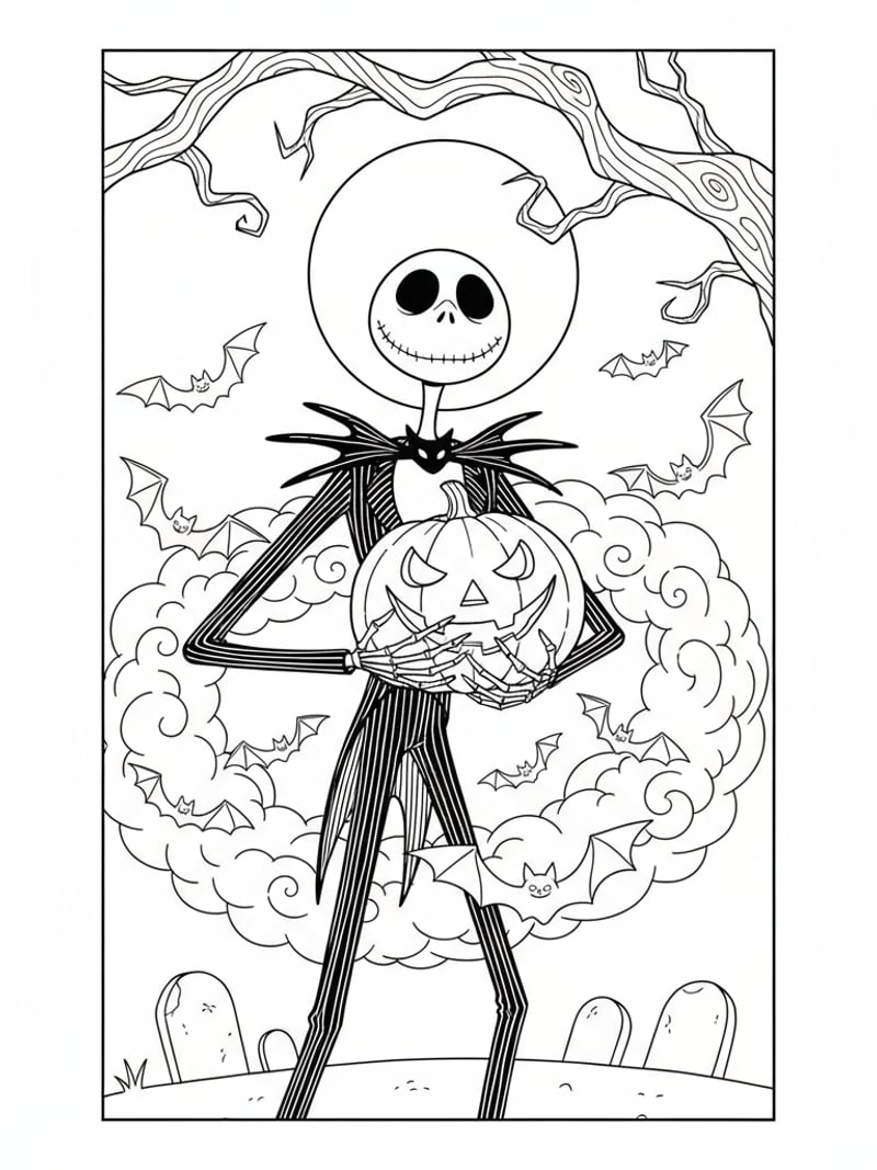 Nightmare Before Christmas Jack Skellington holding Halloween pumpkin with bats flying coloring page