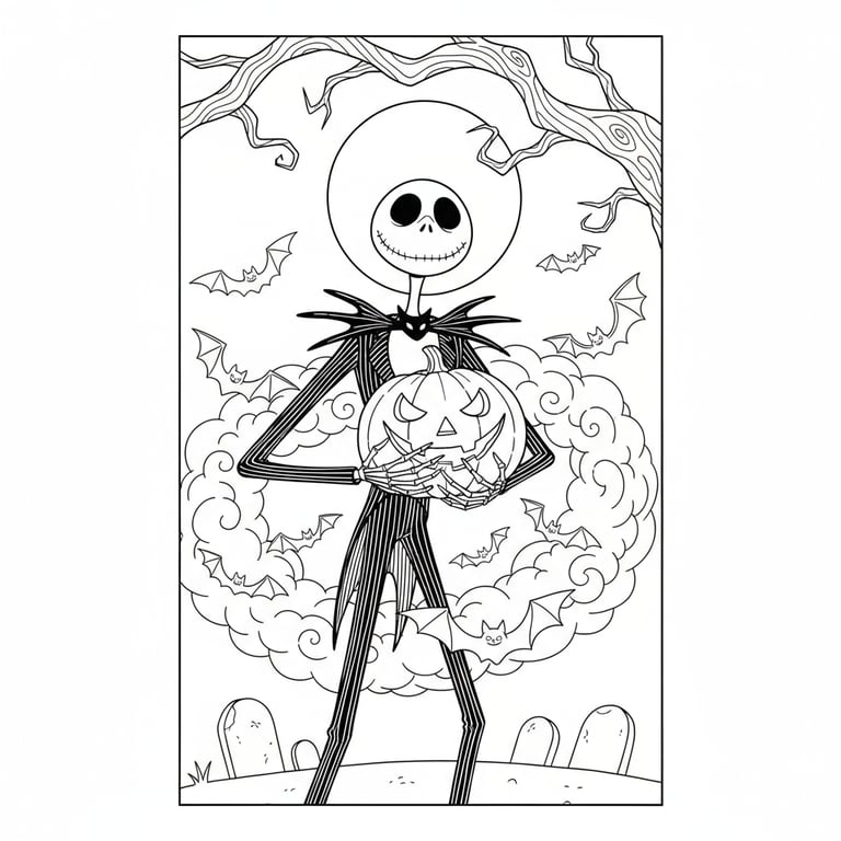Nightmare Before Christmas Jack Skellington holding Halloween pumpkin with bats flying coloring page