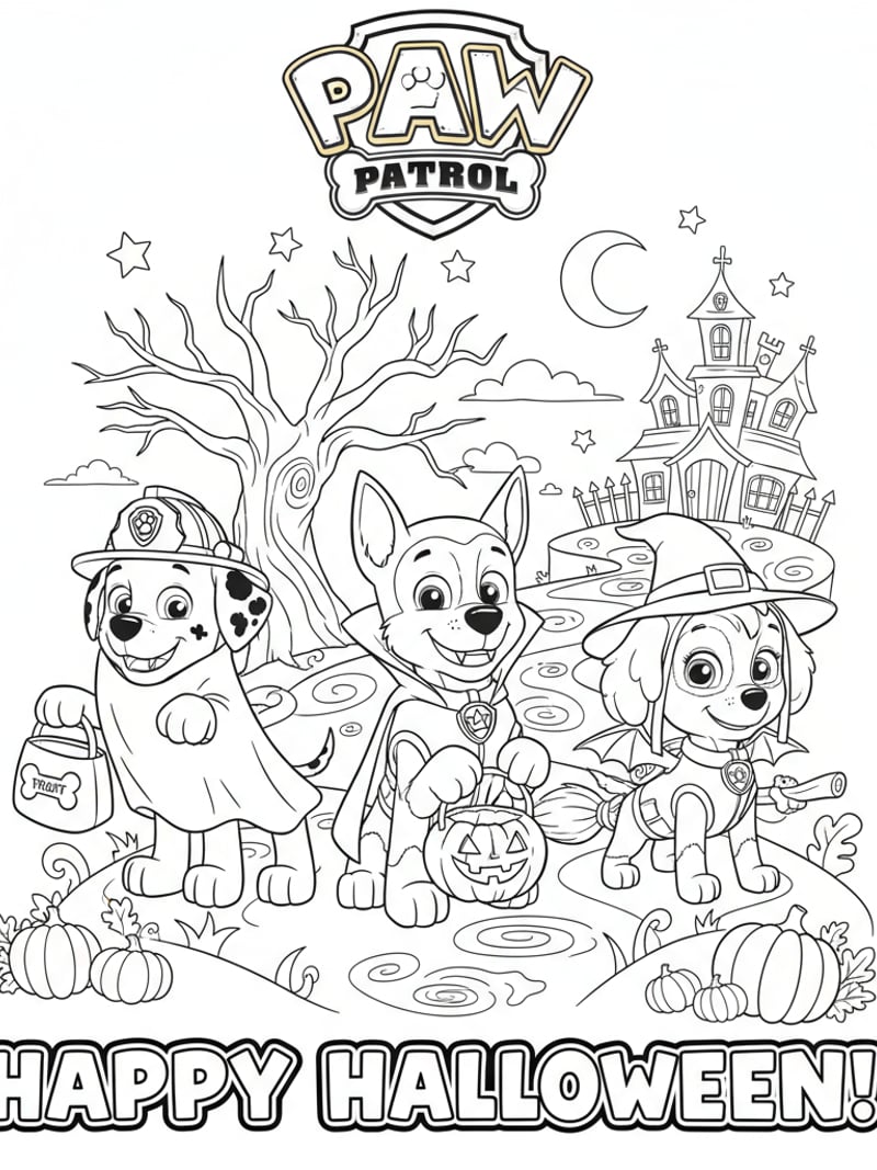 Paw Patrol Chase Marshall and Skye in spooky Halloween costumes coloring page
