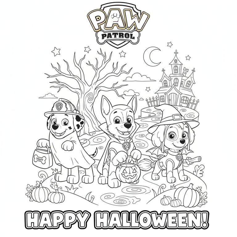 Paw Patrol Chase Marshall and Skye in spooky Halloween costumes coloring page