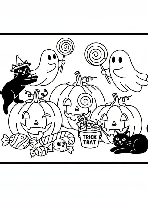 Dibujo para colorear de colección de calabazas lindas y espeluznantes con fantasmas, dulces y gatos