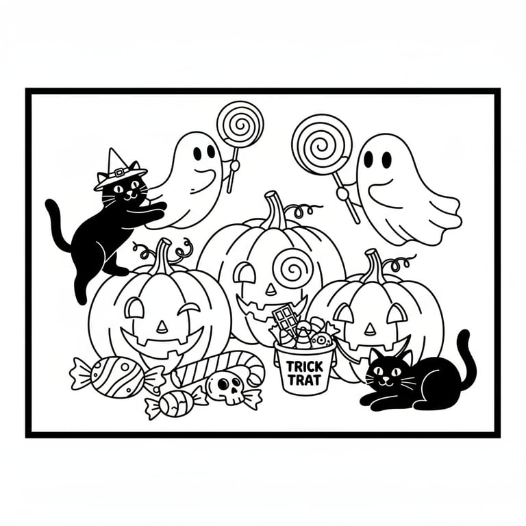 Collection of cute and spooky pumpkins with ghosts candy and cats coloring page