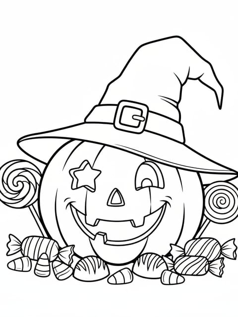 Dibujo para colorear de calabaza de Halloween linda con sombrero de bruja y dulces