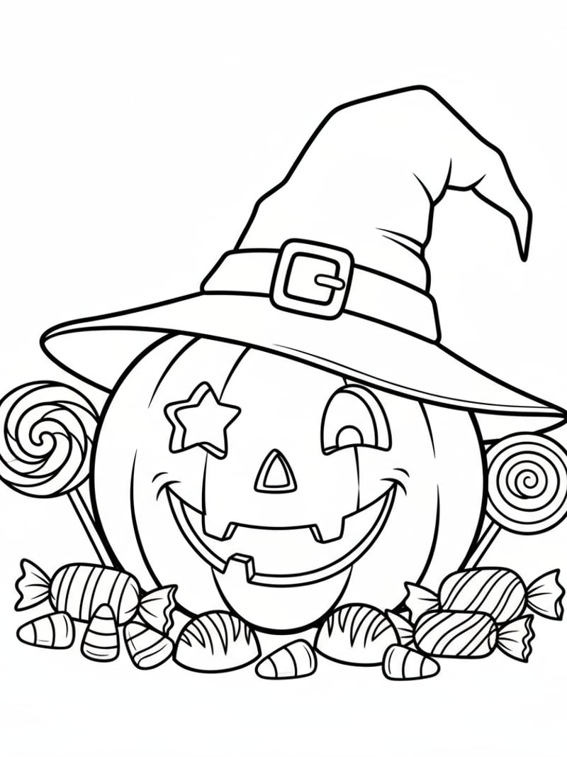 Cute Halloween pumpkin with witch hat and candy coloring page