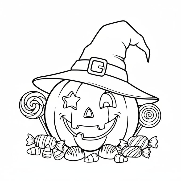 Cute Halloween pumpkin with witch hat and candy coloring page
