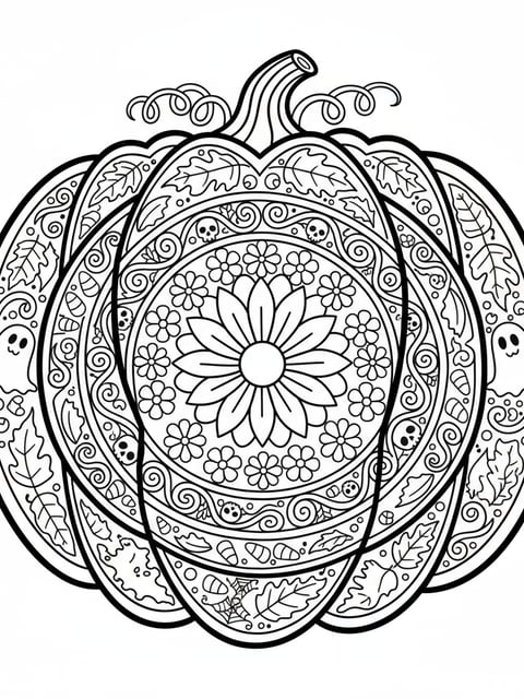 Dibujo para colorear de calabaza estilo mandala con patrones florales y detalles de Halloween