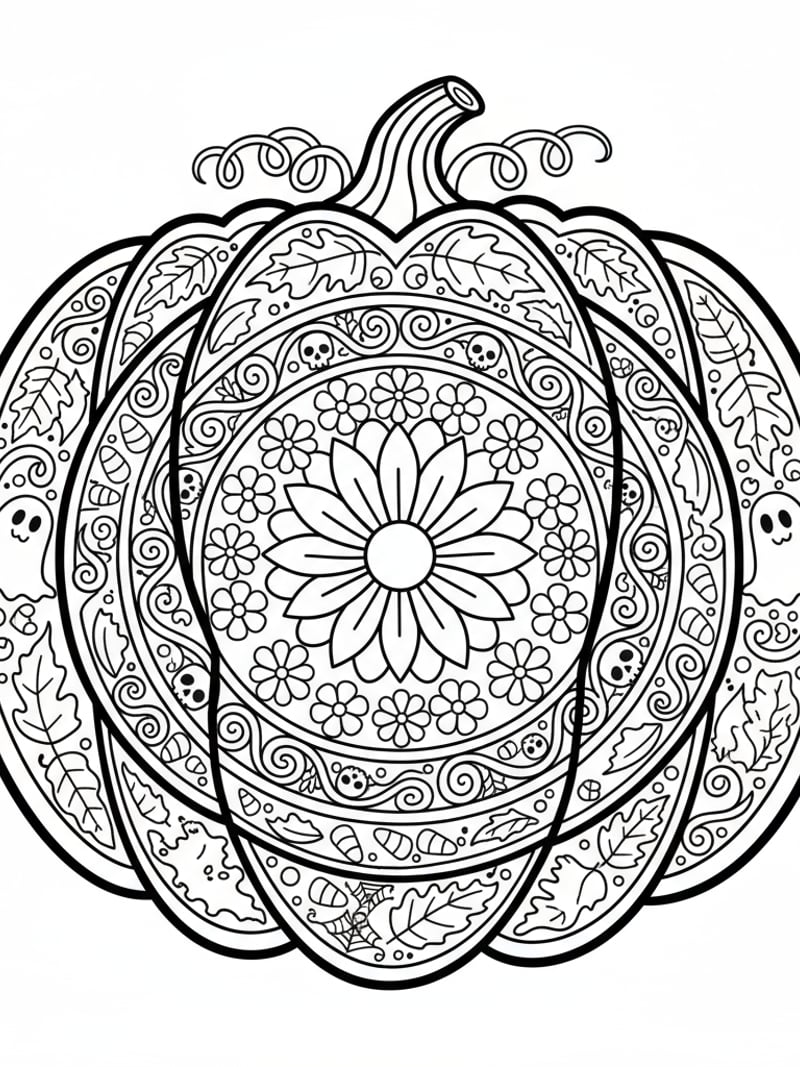 Detailed mandala-style pumpkin with intricate floral and Halloween patterns coloring page