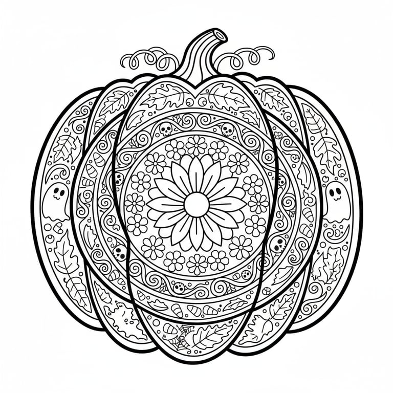 Detailed mandala-style pumpkin with intricate floral and Halloween patterns coloring page