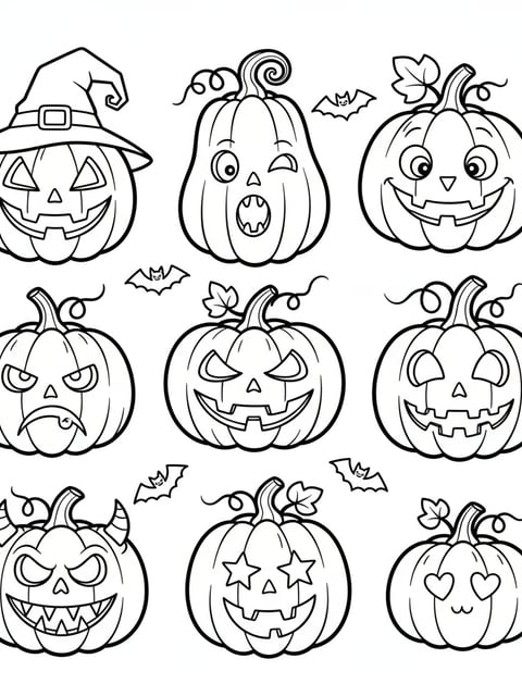Dibujo para colorear imprimible con diez calabazas de Halloween de distintas expresiones y estilos