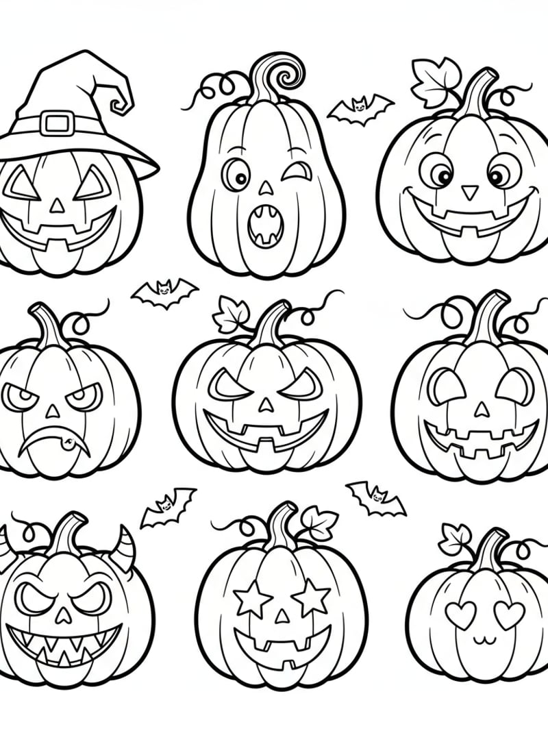 10 different Halloween pumpkins in various expressions and styles on one page coloring page