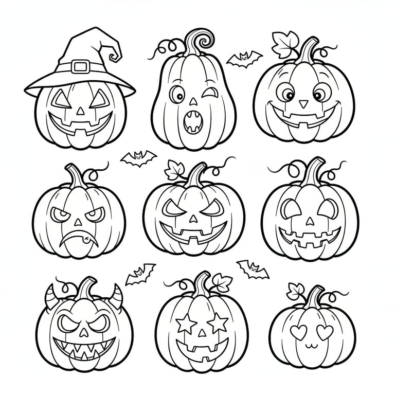 10 different Halloween pumpkins in various expressions and styles on one page coloring page