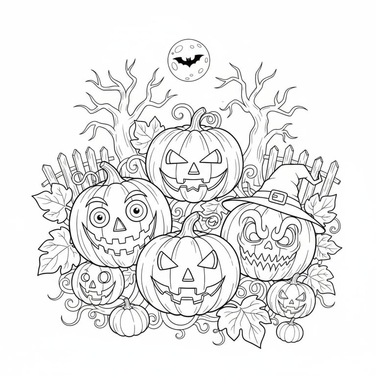 Group of jack-o-lantern pumpkins coloring page preview
