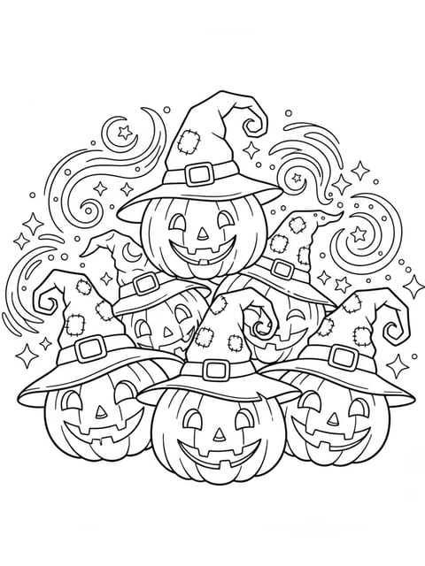 Dibujo para colorear de grupo de calabazas con sombreros de bruja y destellos mágicos