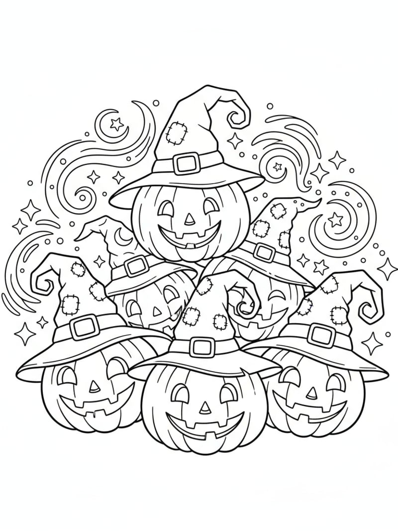 Group of pumpkins with witch hats and magic sparkles fantasy Halloween coloring page