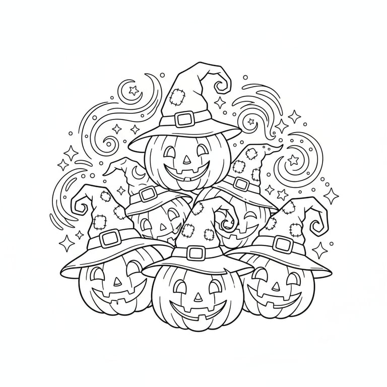 Group of pumpkins with witch hats and magic sparkles fantasy Halloween coloring page