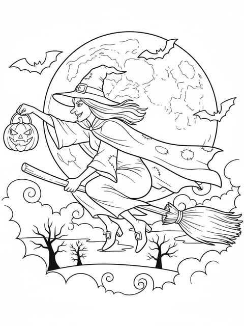 Dibujo para colorear de bruja de Halloween volando en escoba con un farol de calabaza