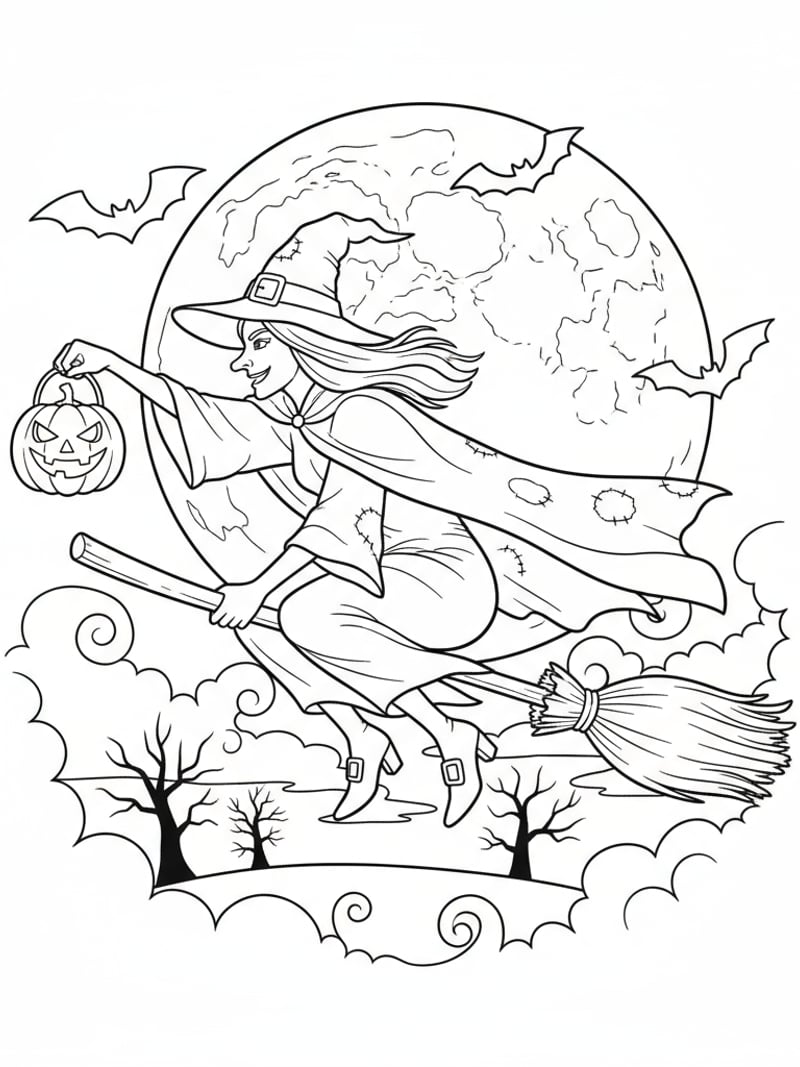 Halloween witch flying on broomstick holding a pumpkin lantern coloring page