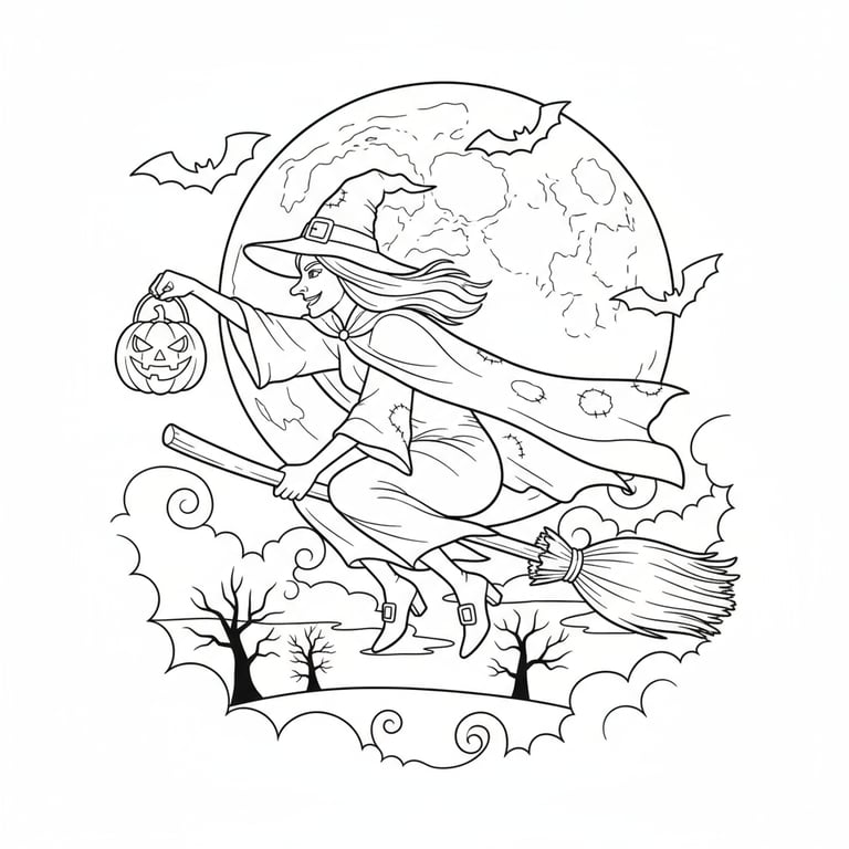 Halloween witch flying on broomstick holding a pumpkin lantern coloring page