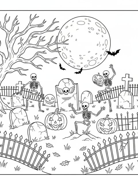 Dibujo para colorear de cementerio embrujado con calabazas, esqueletos y luna llena de Halloween
