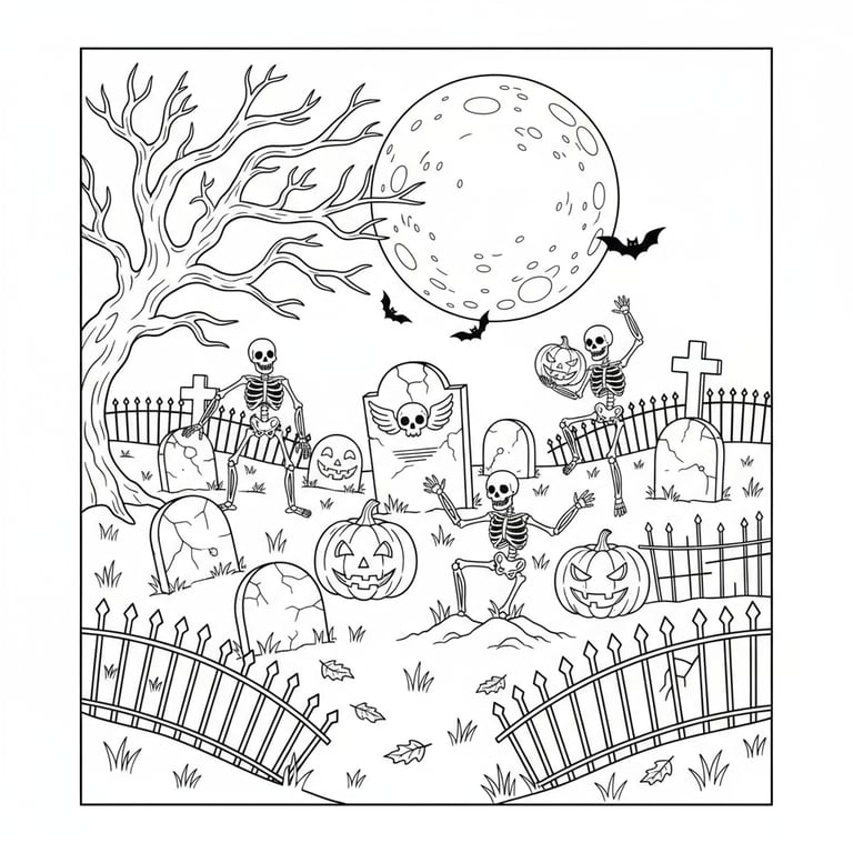 Haunted graveyard with pumpkins and skeletons under full moon Halloween coloring page