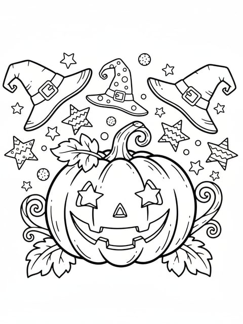 Dibujo para colorear de calabaza mágica rodeada de sombreros de bruja voladores y estrellas de Halloween