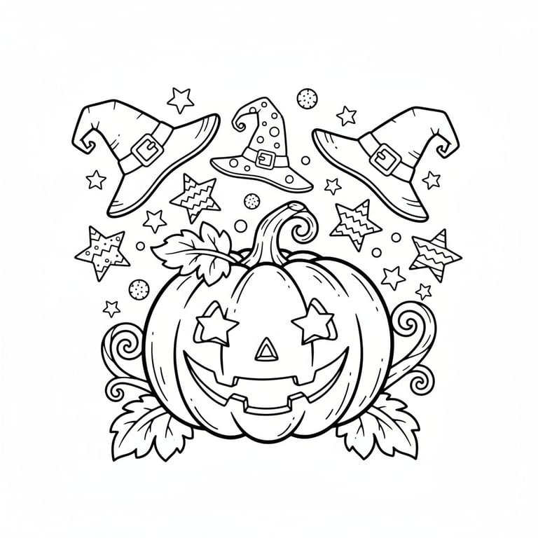 Magical pumpkin surrounded by flying witch hats and Halloween stars coloring page
