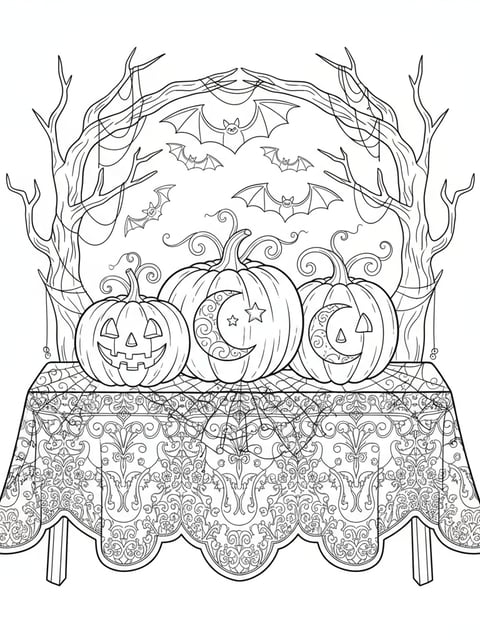 Dibujo para colorear de escena antigua de Halloween con calabazas ornamentales y patrones de encaje