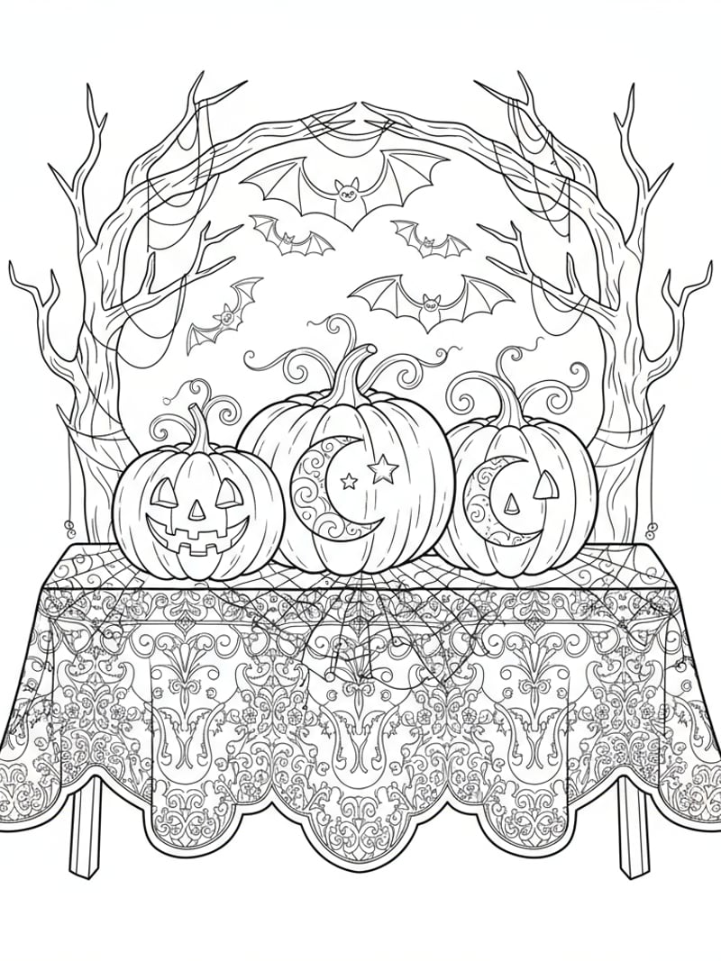 Old-fashioned Halloween scene with ornate pumpkins and lace patterns coloring page