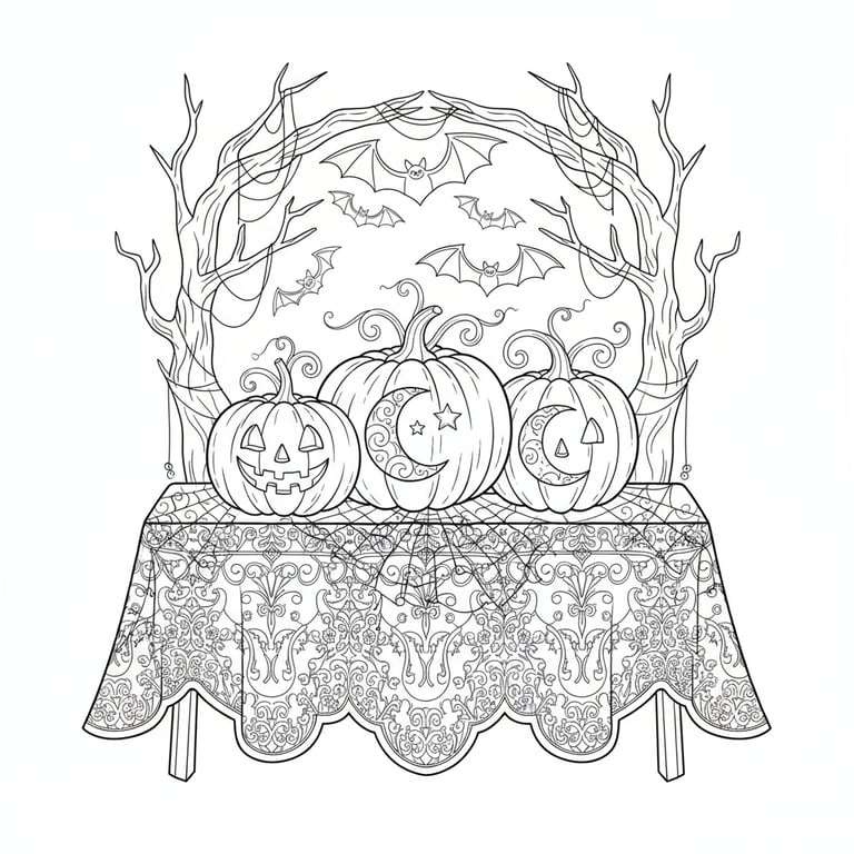 Old-fashioned Halloween scene with ornate pumpkins and lace patterns coloring page