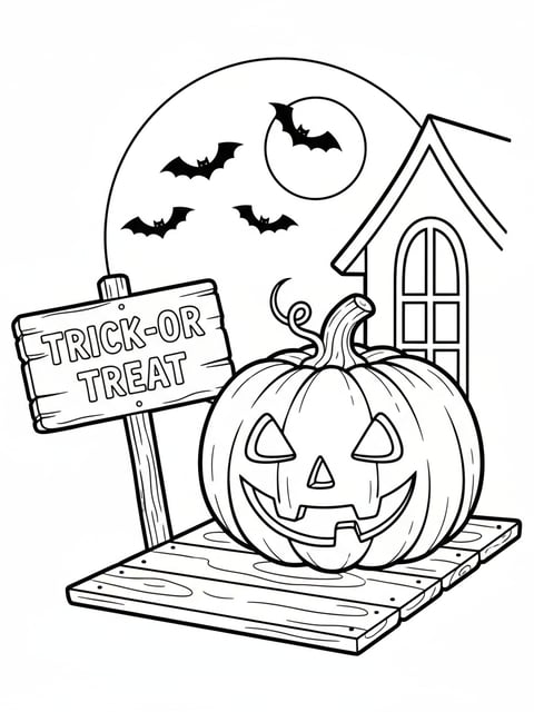 Dibujo para colorear de calabaza en la entrada de una casa con cartel de truco o trato y murciélagos