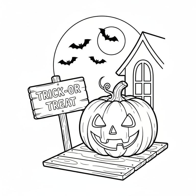Pumpkin on doorstep with trick-or-treat sign and bats in background Halloween coloring page