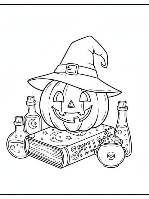 Dibujo para colorear de calabaza con sombrero de bruja sobre un libro de hechizos y pociones