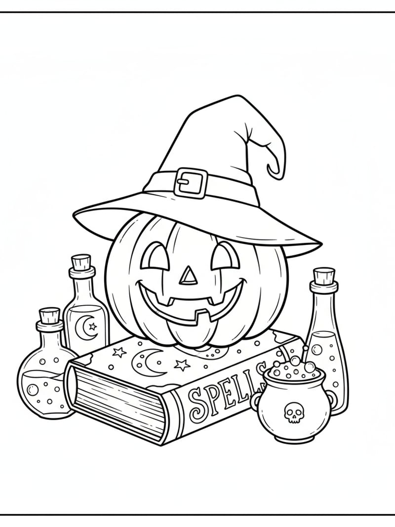 Pumpkin wearing witch hat on spellbook with potions coloring page